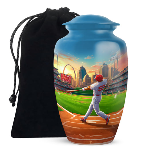 Navy Blue Baseball Cremation Urn angled view of lid and engraved motif - classic sculpted baseball pattern on smooth aluminum - full-size 10 inch 200 cubic inch adult cremation urn