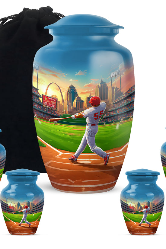 Calming Blue Baseball Cremation Urn top-down view of secure threaded lid - traditional baseball engraving with hand-polished finish - memorial set with one large and four small urns