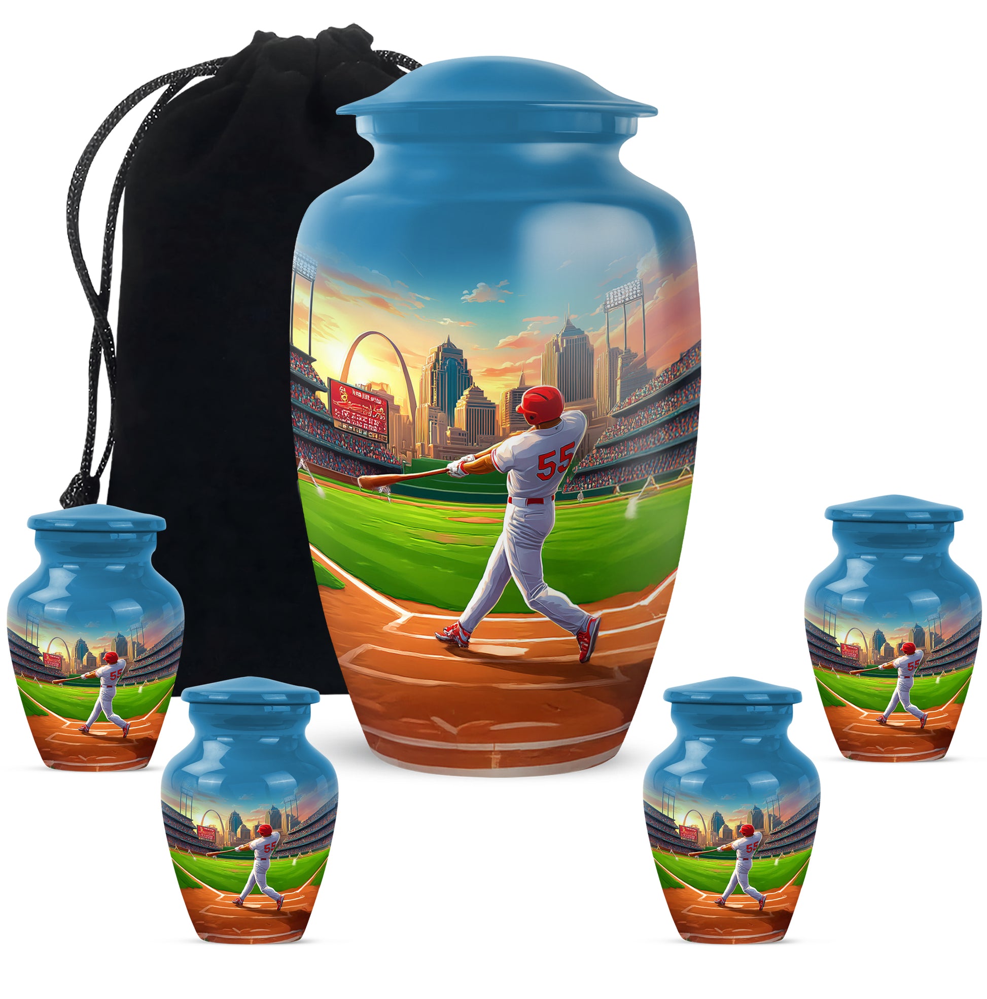 Calming Blue Baseball Cremation Urn top-down view of secure threaded lid - traditional baseball engraving with hand-polished finish - memorial set with one large and four small urns
