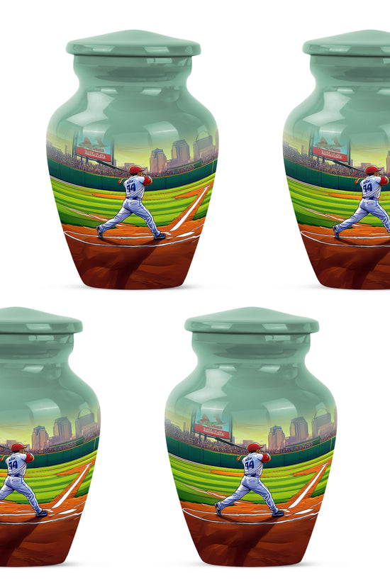 Verdant Green Baseball Cremation Urn side profile showing urn shape - classic sculpted baseball pattern on smooth aluminum - 10 inch aluminum urn for cremated remains