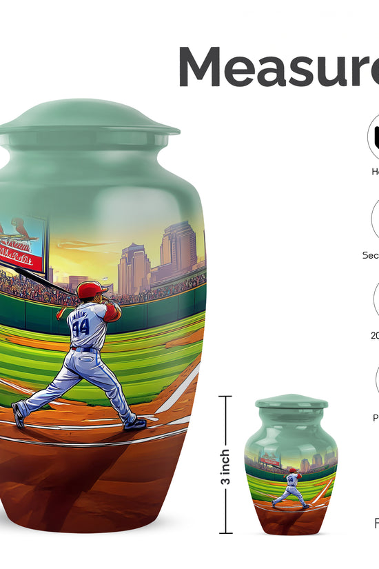 Moss Green Baseball Cremation Urn close-up of engraving and surface detail - timeless baseball motif etched into premium metal - mini keepsake memorial for portion of cremation ashes