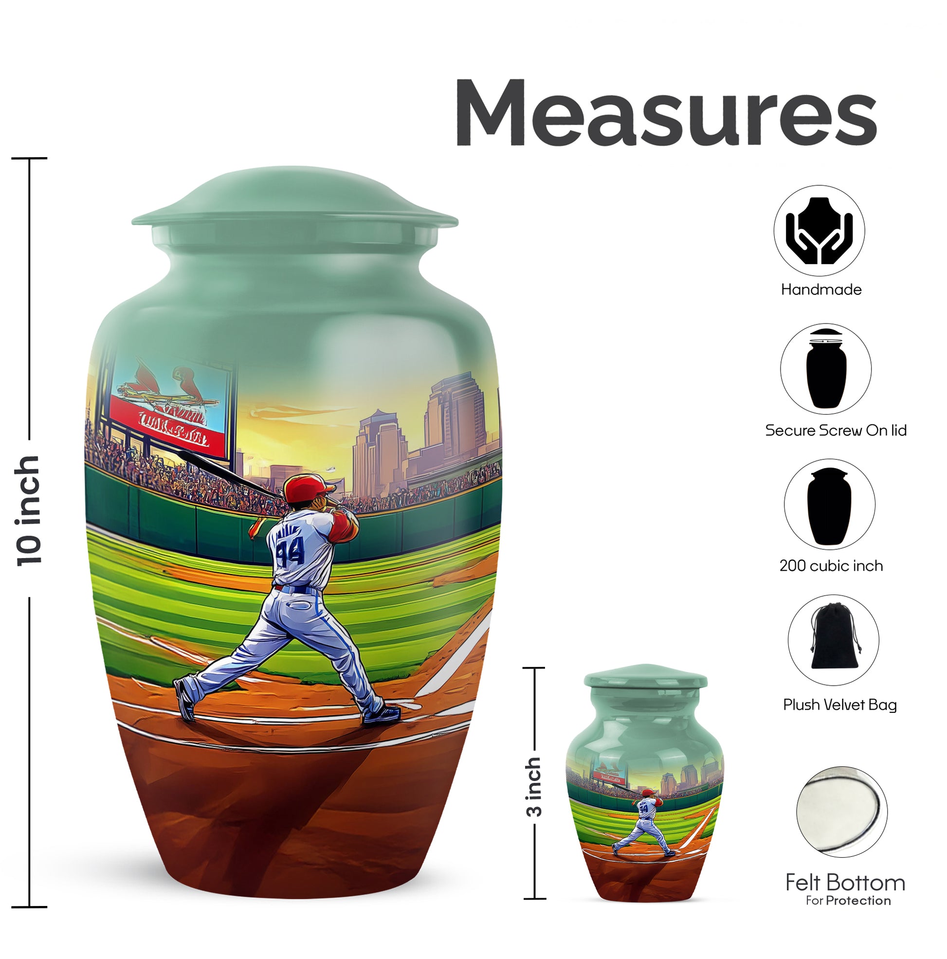 Moss Green Baseball Cremation Urn close-up of engraving and surface detail - timeless baseball motif etched into premium metal - mini keepsake memorial for portion of cremation ashes