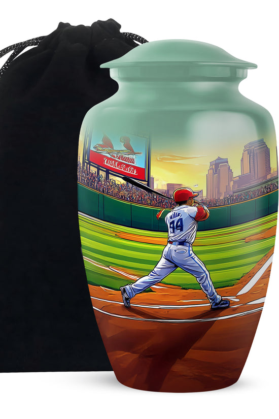 Hunter Green Baseball Cremation Urn angled view of lid and engraved motif - elegant classic baseball relief with fine detailing - full-size 10 inch 200 cubic inch adult cremation urn