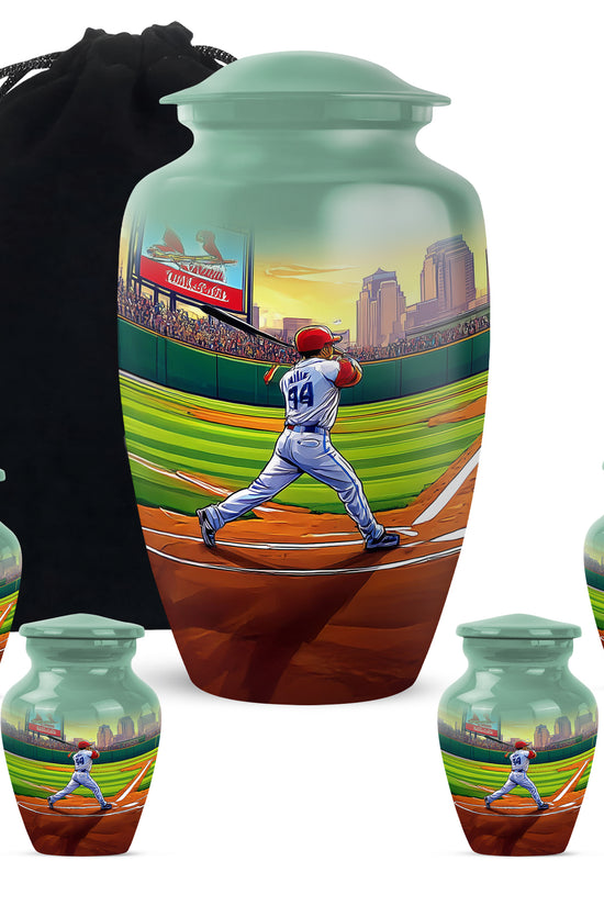 Forest Green Baseball Cremation Urn top-down view of secure threaded lid - elegant classic baseball relief with fine detailing - memorial set with one large and four small urns