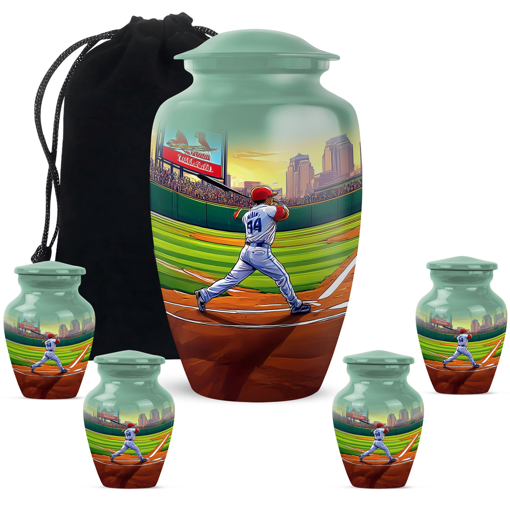 Forest Green Baseball Cremation Urn top-down view of secure threaded lid - elegant classic baseball relief with fine detailing - memorial set with one large and four small urns