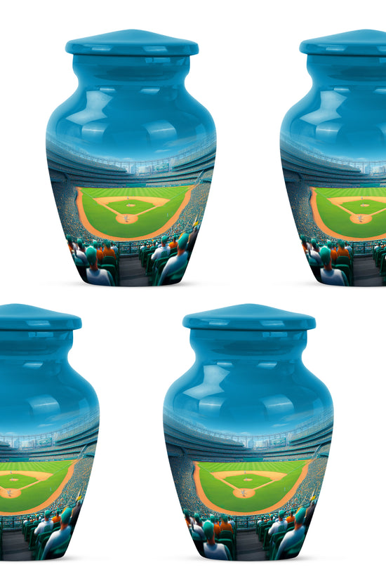 Calming Blue Baseball Cremation Urn side profile showing urn shape - traditional baseball engraving with hand-polished finish - 10 inch aluminum urn for cremated remains