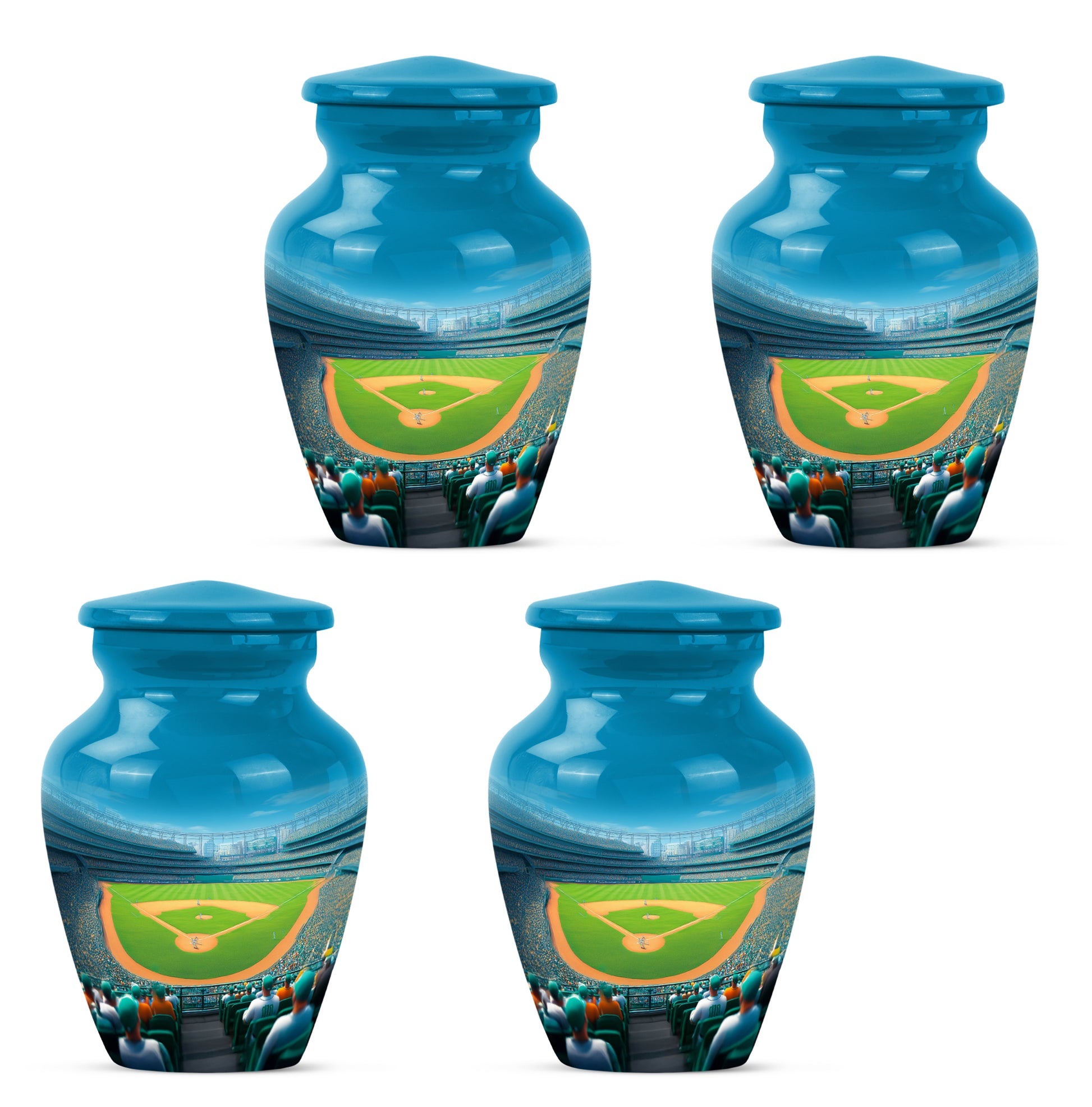 Calming Blue Baseball Cremation Urn side profile showing urn shape - traditional baseball engraving with hand-polished finish - 10 inch aluminum urn for cremated remains