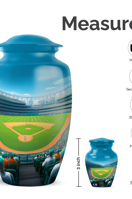 Royal Blue Baseball Cremation Urn close-up of engraving and surface detail - traditional baseball engraving with hand-polished finish - mini keepsake memorial for portion of cremation ashes