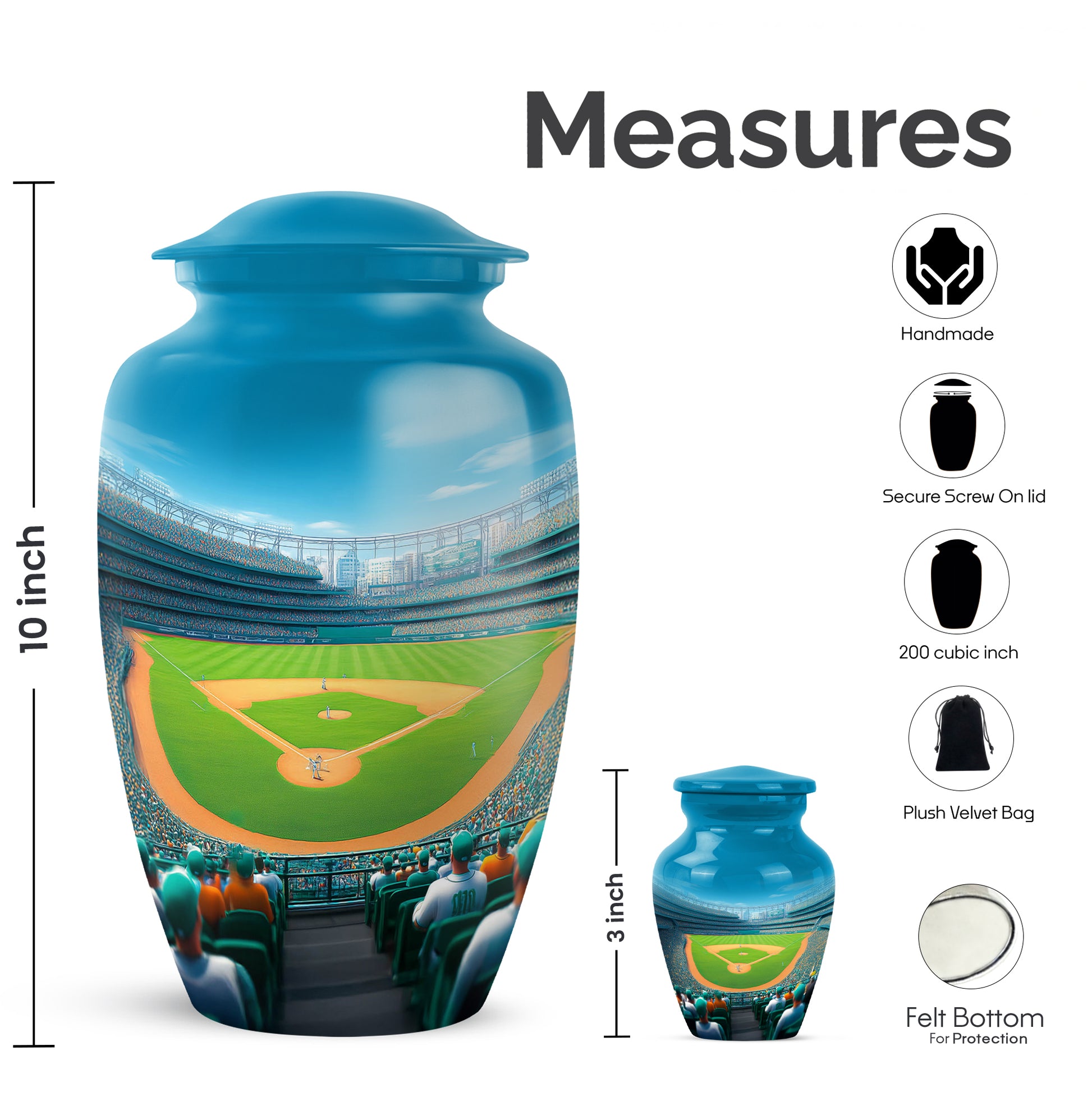 Royal Blue Baseball Cremation Urn close-up of engraving and surface detail - traditional baseball engraving with hand-polished finish - mini keepsake memorial for portion of cremation ashes