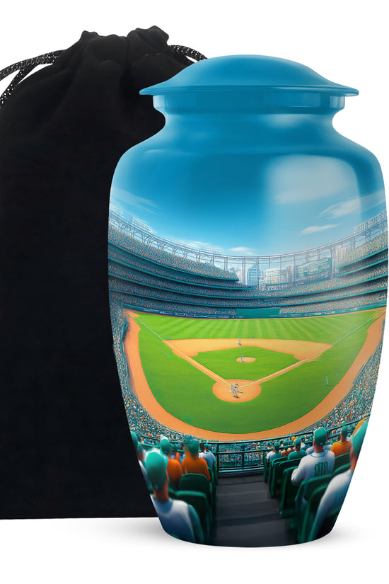 Dusty Blue Baseball Cremation Urn angled view of lid and engraved motif - timeless baseball motif etched into premium metal - full-size 10 inch 200 cubic inch adult cremation urn