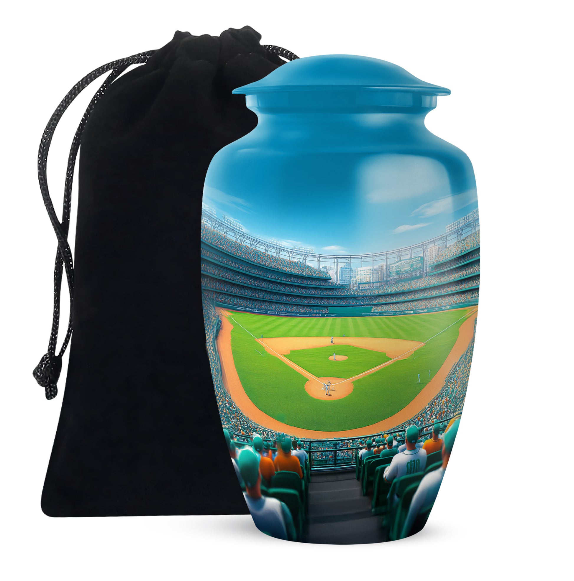 Dusty Blue Baseball Cremation Urn angled view of lid and engraved motif - timeless baseball motif etched into premium metal - full-size 10 inch 200 cubic inch adult cremation urn