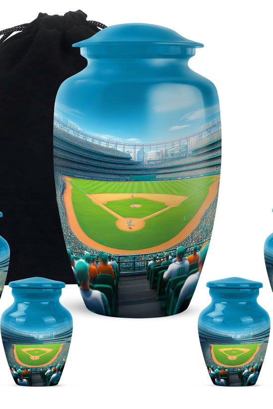 Vivid Blue Baseball Cremation Urn top-down view of secure threaded lid - traditional baseball engraving with hand-polished finish - memorial set with one large and four small urns