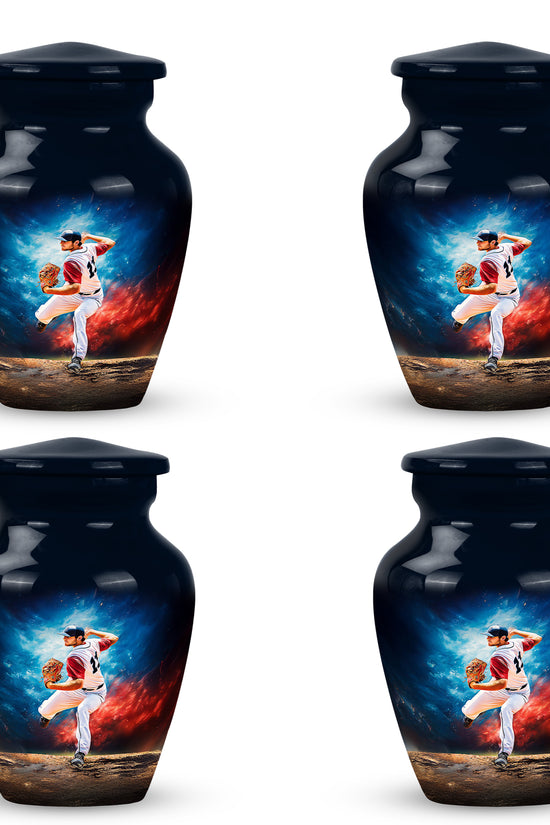 Royal Blue Baseball Cremation Urn side profile showing urn shape - elegant classic baseball relief with fine detailing - 10 inch aluminum urn for cremated remains