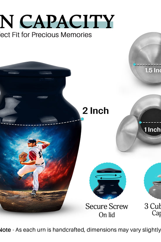 Royal Blue Baseball Cremation Urn close-up of engraving and surface detail - traditional baseball engraving with hand-polished finish - mini keepsake memorial for portion of cremation ashes