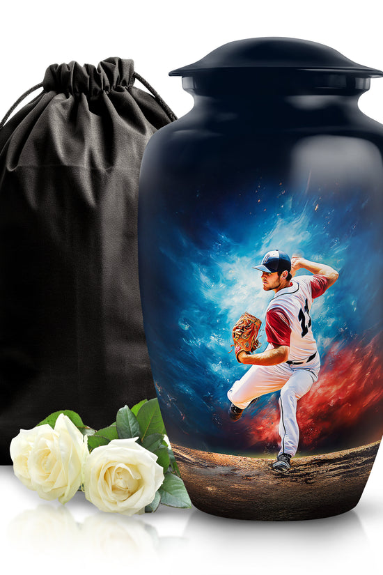 Royal Blue Baseball Cremation Urn angled view of lid and engraved motif - elegant classic baseball relief with fine detailing - full-size 10 inch 200 cubic inch adult cremation urn