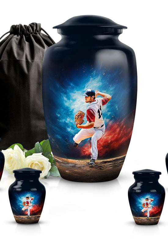 Vivid Blue Baseball Cremation Urn top-down view of secure threaded lid - elegant classic baseball relief with fine detailing - memorial set with one large and four small urns