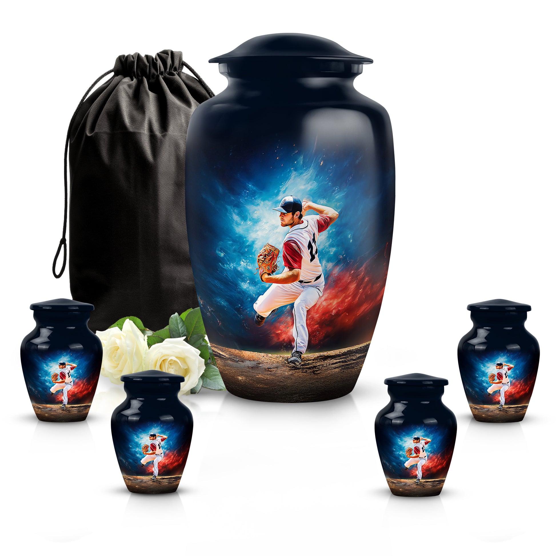 Vivid Blue Baseball Cremation Urn top-down view of secure threaded lid - elegant classic baseball relief with fine detailing - memorial set with one large and four small urns