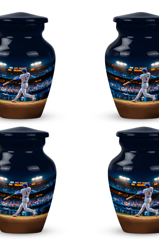 Royal Blue Baseball Cremation Urn side profile showing urn shape - elegant classic baseball relief with fine detailing - 10 inch aluminum urn for cremated remains