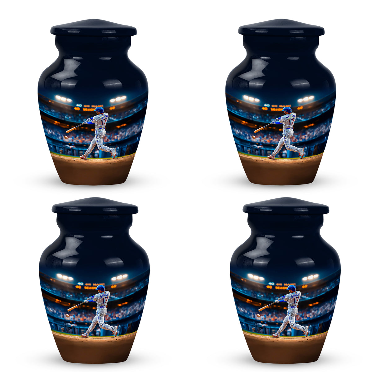Royal Blue Baseball Cremation Urn side profile showing urn shape - elegant classic baseball relief with fine detailing - 10 inch aluminum urn for cremated remains