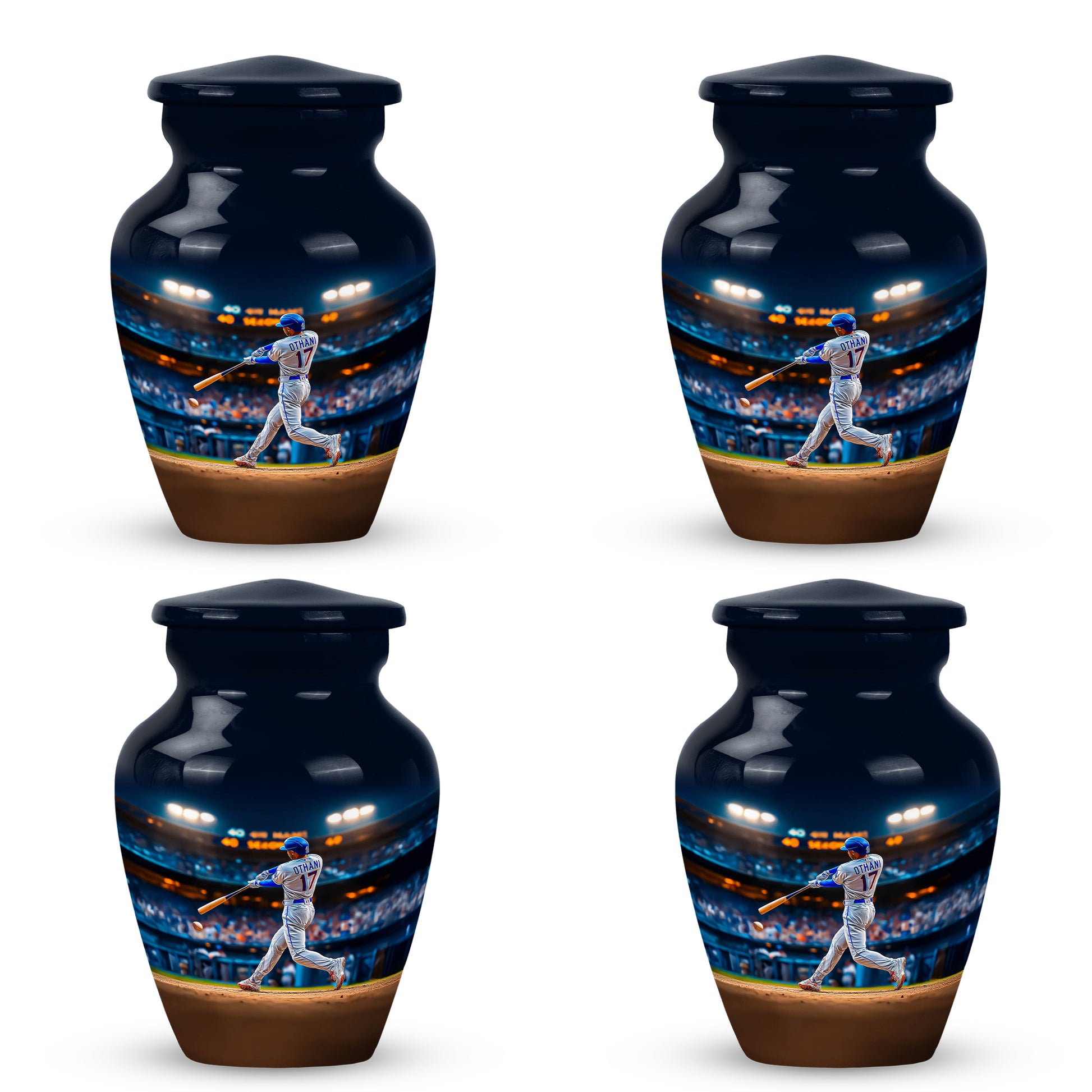 Royal Blue Baseball Cremation Urn side profile showing urn shape - elegant classic baseball relief with fine detailing - 10 inch aluminum urn for cremated remains
