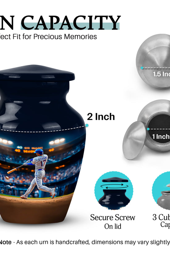 Dusty Blue Baseball Cremation Urn close-up of engraving and surface detail - timeless baseball motif etched into premium metal - mini keepsake memorial for portion of cremation ashes
