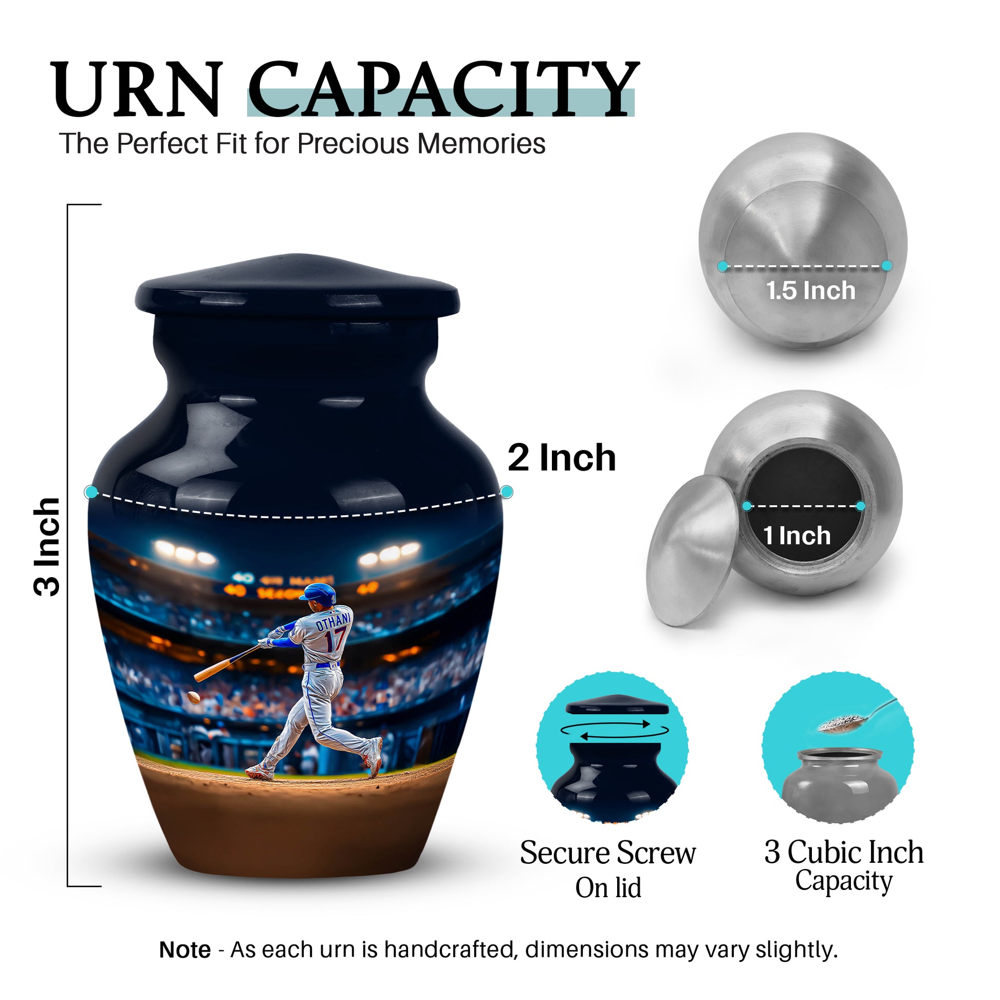 Dusty Blue Baseball Cremation Urn close-up of engraving and surface detail - timeless baseball motif etched into premium metal - mini keepsake memorial for portion of cremation ashes