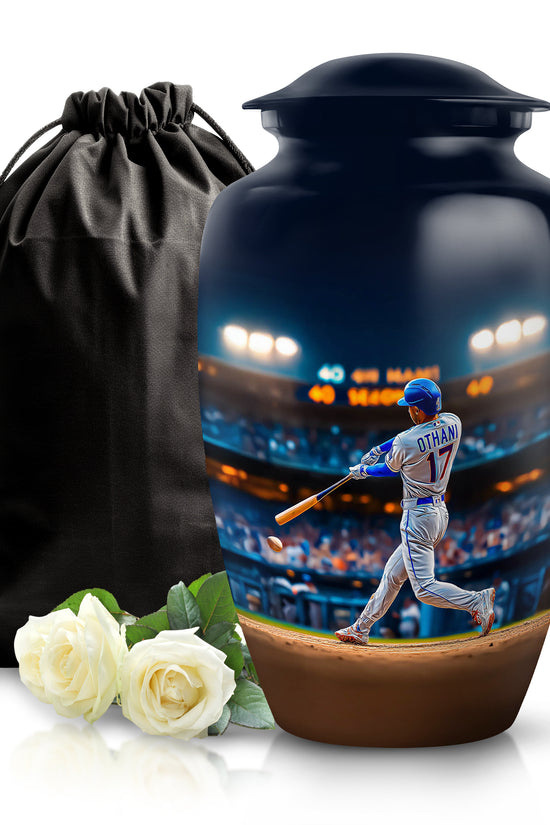 Twilight Blue Baseball Cremation Urn angled view of lid and engraved motif - elegant classic baseball relief with fine detailing - full-size 10 inch 200 cubic inch adult cremation urn