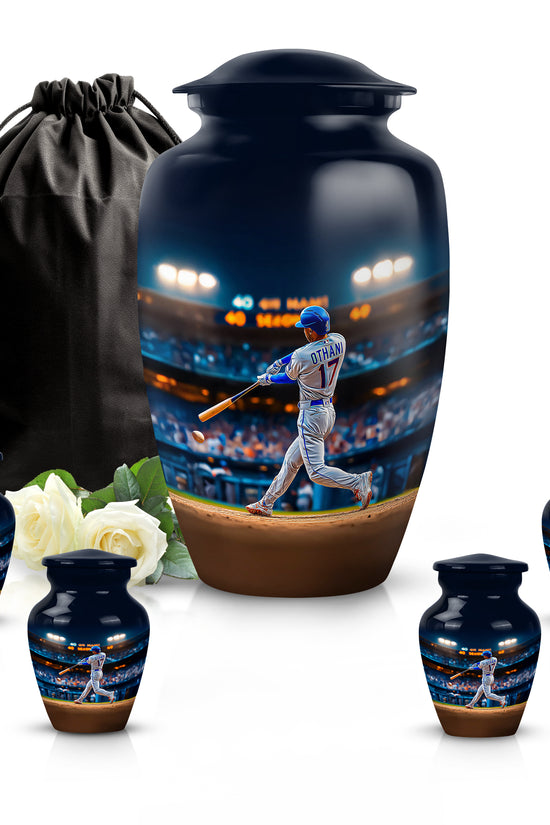 Vivid Blue Baseball Cremation Urn top-down view of secure threaded lid - elegant classic baseball relief with fine detailing - memorial set with one large and four small urns