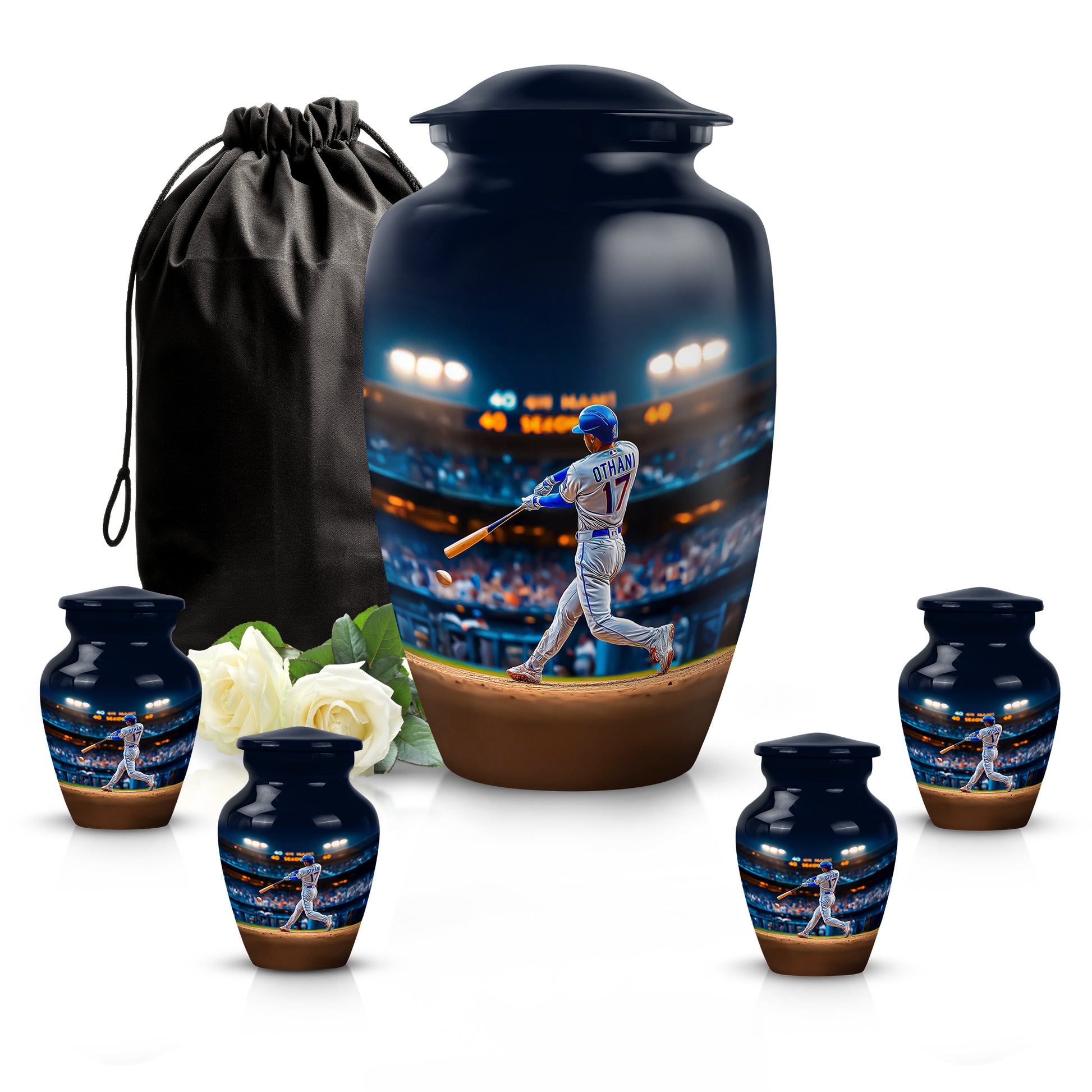 Vivid Blue Baseball Cremation Urn top-down view of secure threaded lid - elegant classic baseball relief with fine detailing - memorial set with one large and four small urns
