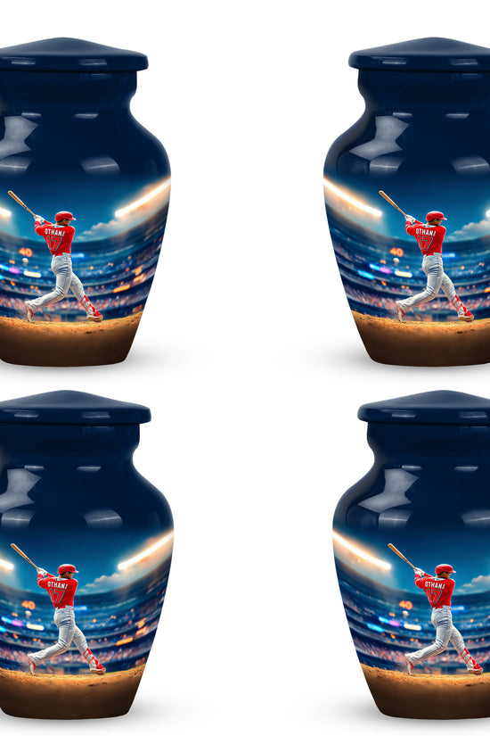 Sapphire Blue Baseball Cremation Urn side profile showing urn shape - traditional baseball engraving with hand-polished finish - 10 inch aluminum urn for cremated remains