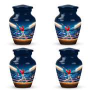 Sapphire Blue Baseball Cremation Urn side profile showing urn shape - traditional baseball engraving with hand-polished finish - 10 inch aluminum urn for cremated remains
