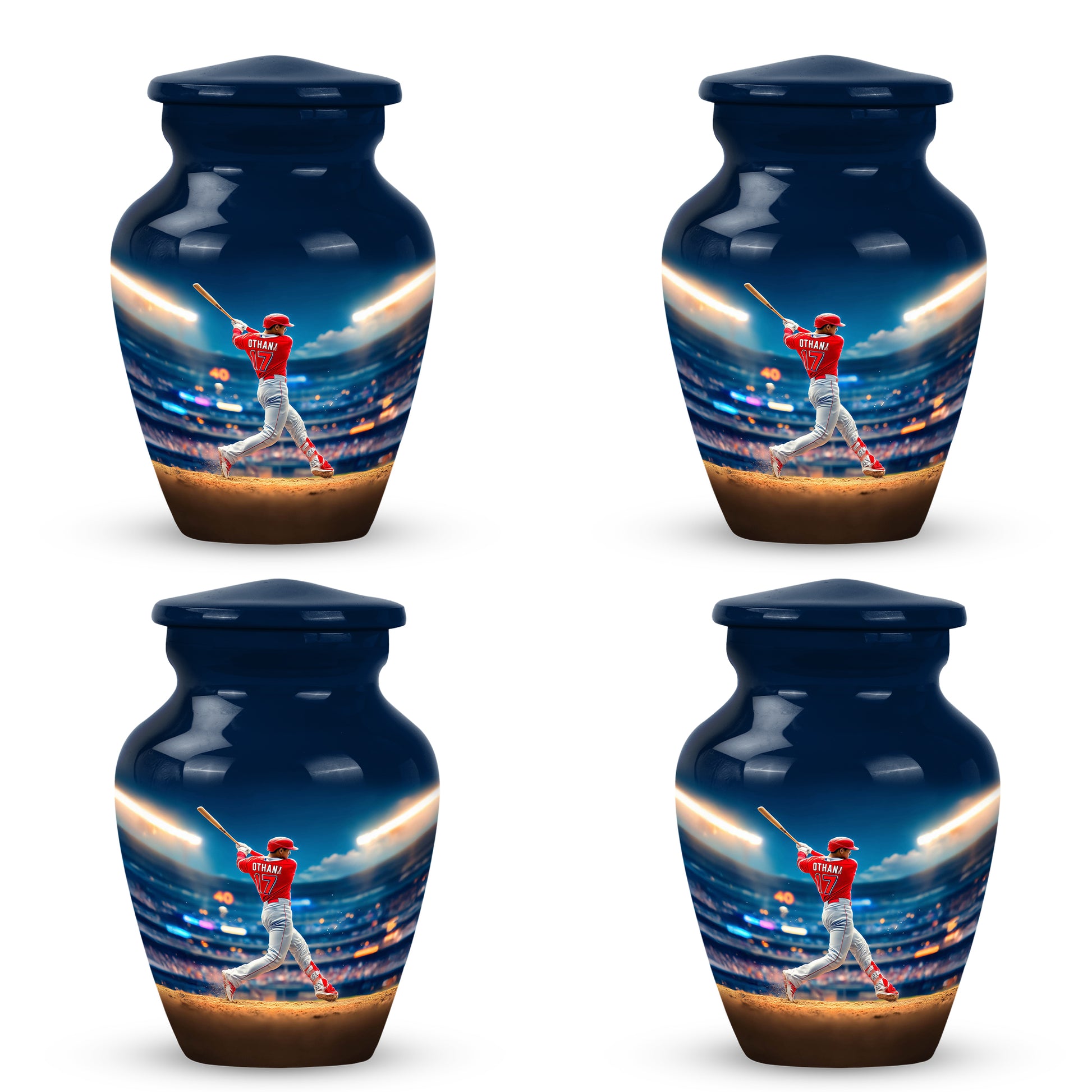 Sapphire Blue Baseball Cremation Urn side profile showing urn shape - traditional baseball engraving with hand-polished finish - 10 inch aluminum urn for cremated remains
