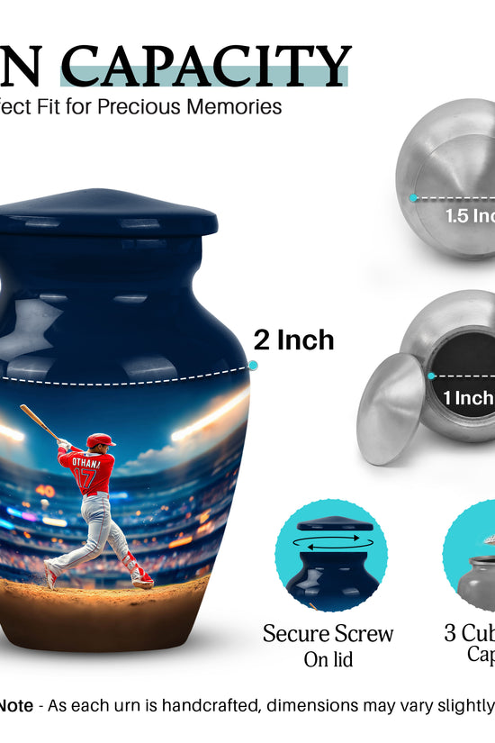 Dusty Blue Baseball Cremation Urn close-up of engraving and surface detail - timeless baseball motif etched into premium metal - mini keepsake memorial for portion of cremation ashes