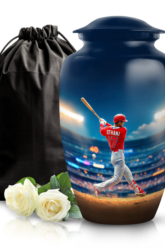 Dusty Blue Baseball Cremation Urn angled view of lid and engraved motif - timeless baseball motif etched into premium metal - full-size 10 inch 200 cubic inch adult cremation urn