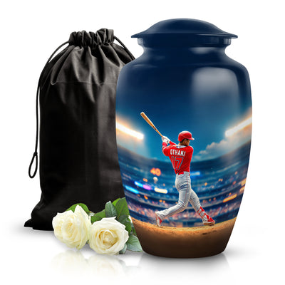 Dusty Blue Baseball Cremation Urn angled view of lid and engraved motif - timeless baseball motif etched into premium metal - full-size 10 inch 200 cubic inch adult cremation urn