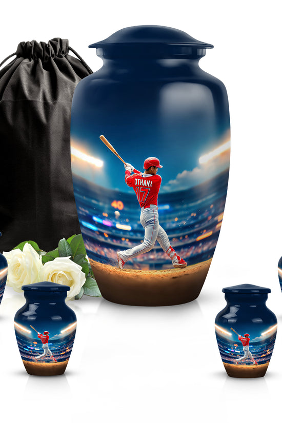 Steel Blue Baseball Cremation Urn top-down view of secure threaded lid - elegant classic baseball relief with fine detailing - memorial set with one large and four small urns