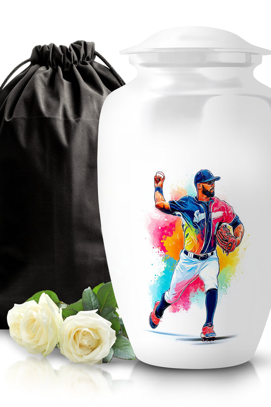 Cloud White Baseball Cremation Urn angled view of lid and engraved motif - traditional baseball engraving with hand-polished finish - full-size 10 inch 200 cubic inch adult cremation urn