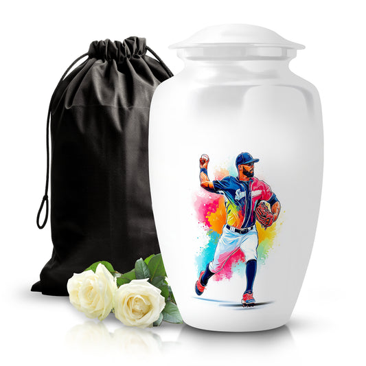Cloud White Baseball Cremation Urn angled view of lid and engraved motif - traditional baseball engraving with hand-polished finish - full-size 10 inch 200 cubic inch adult cremation urn