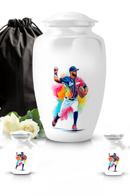 Snow White Baseball Cremation Urn top-down view of secure threaded lid - timeless baseball motif etched into premium metal - memorial set with one large and four small urns