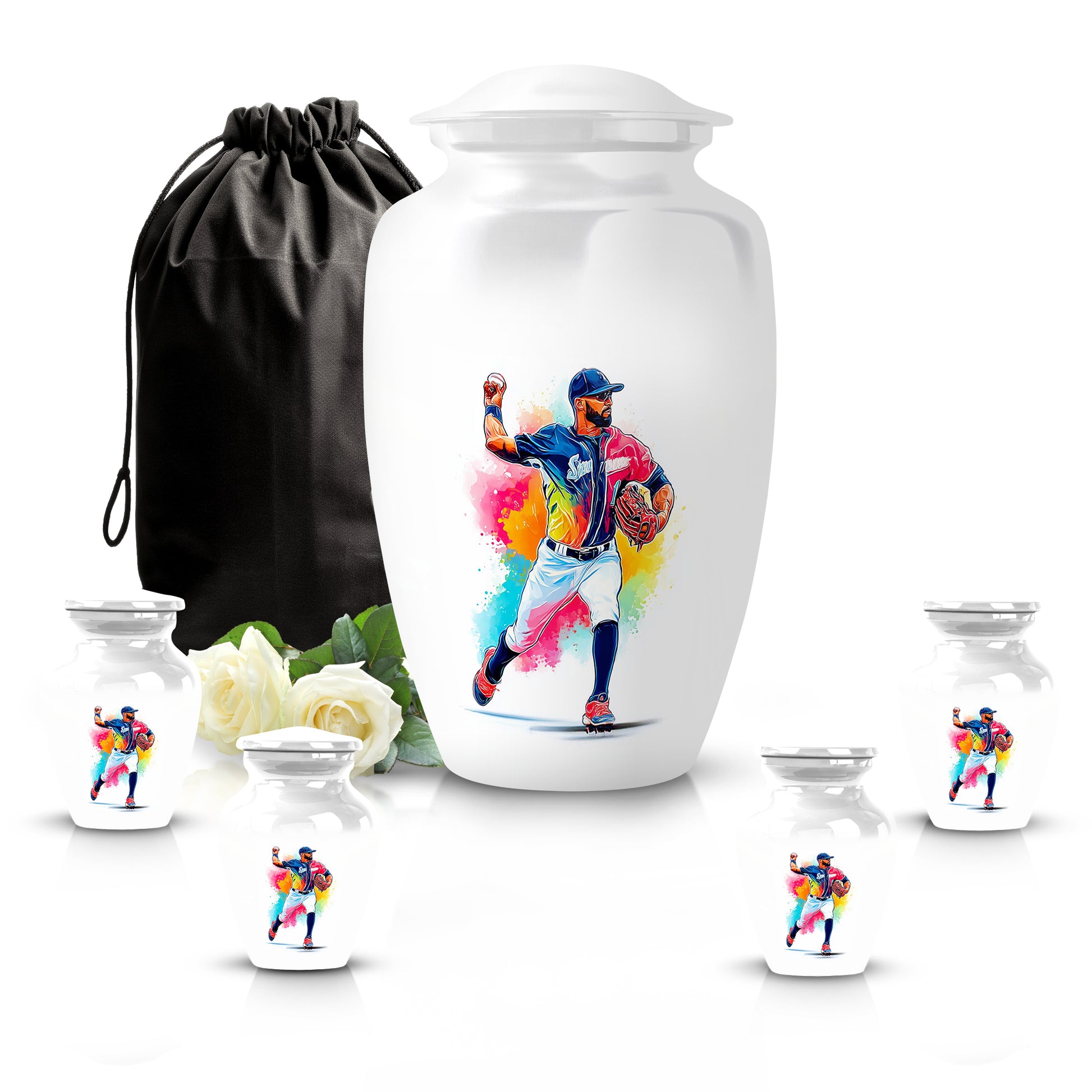 Snow White Baseball Cremation Urn top-down view of secure threaded lid - timeless baseball motif etched into premium metal - memorial set with one large and four small urns