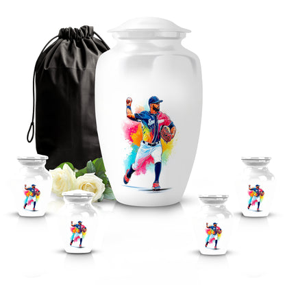 Snow White Baseball Cremation Urn top-down view of secure threaded lid - timeless baseball motif etched into premium metal - memorial set with one large and four small urns