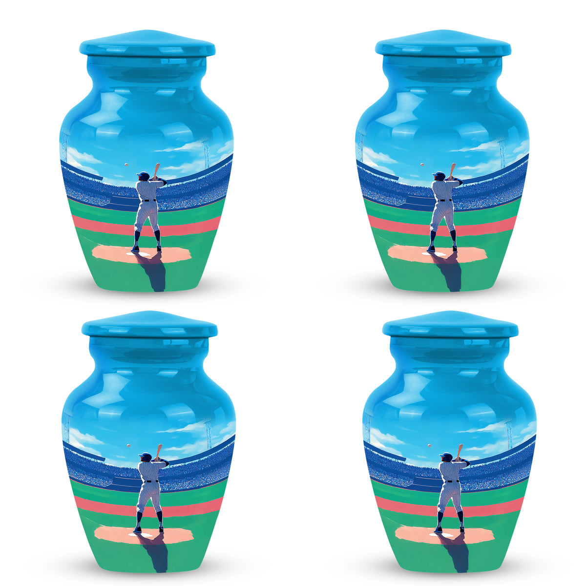 Bright Blue Baseball Cremation Urn side profile showing urn shape - elegant classic baseball relief with fine detailing - 10 inch aluminum urn for cremated remains