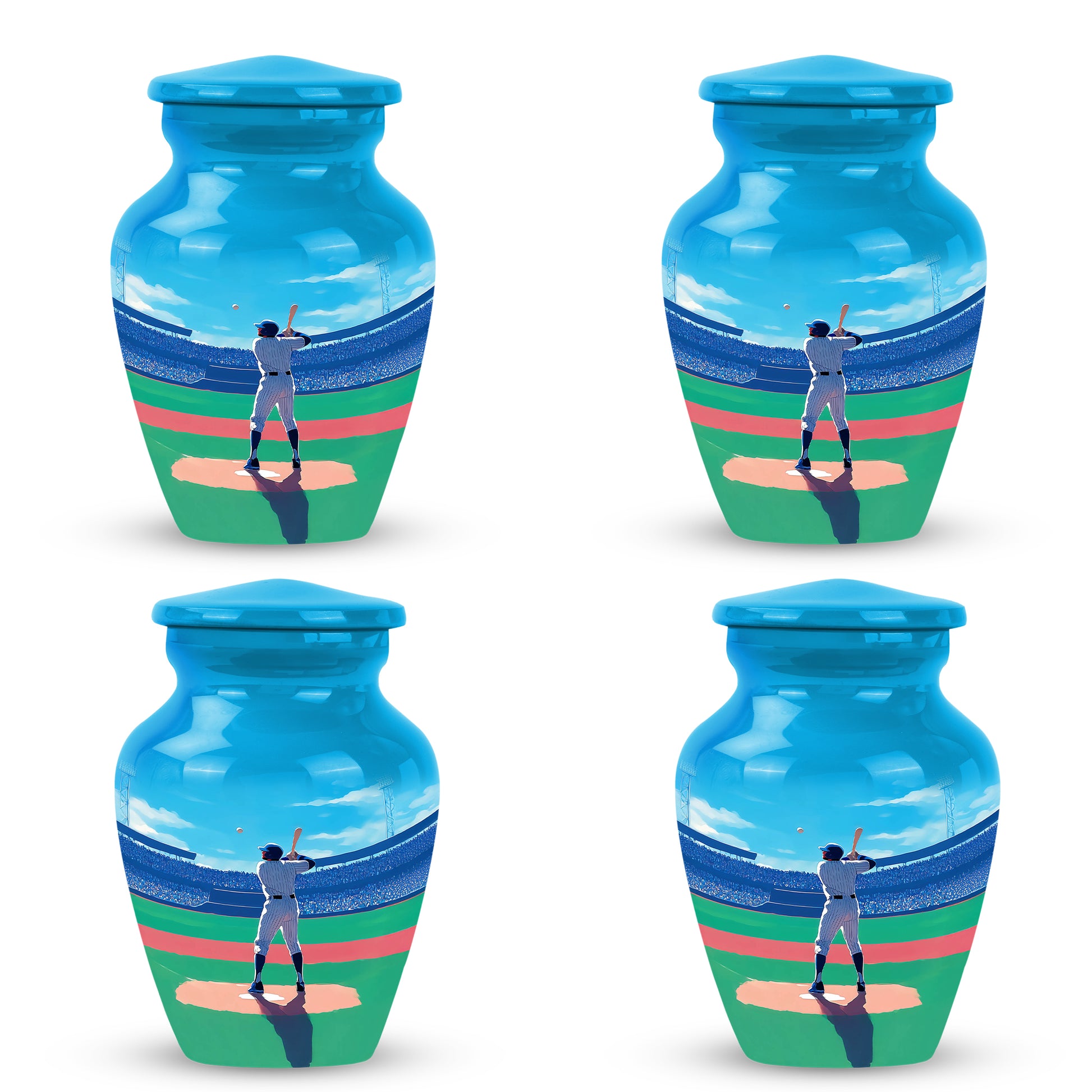 Bright Blue Baseball Cremation Urn side profile showing urn shape - elegant classic baseball relief with fine detailing - 10 inch aluminum urn for cremated remains