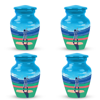 Bright Blue Baseball Cremation Urn side profile showing urn shape - elegant classic baseball relief with fine detailing - 10 inch aluminum urn for cremated remains
