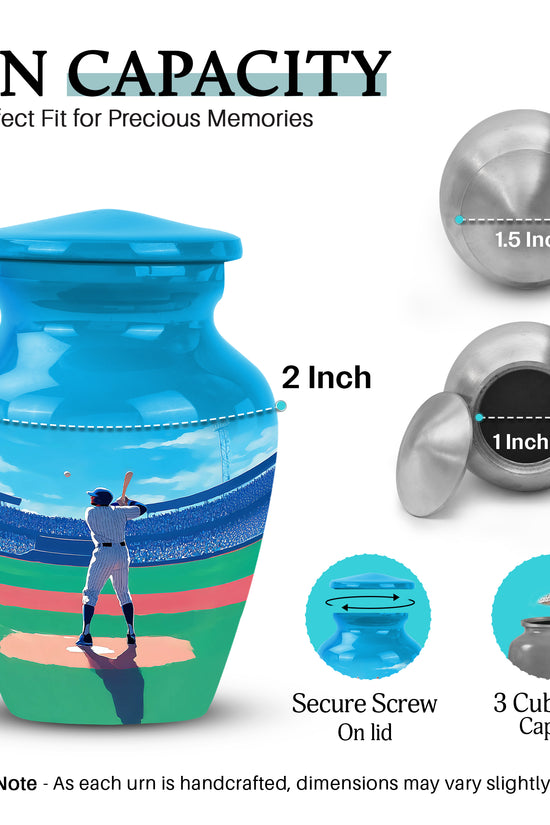 Cobalt Blue Baseball Cremation Urn close-up of engraving and surface detail - elegant classic baseball relief with fine detailing - mini keepsake memorial for portion of cremation ashes