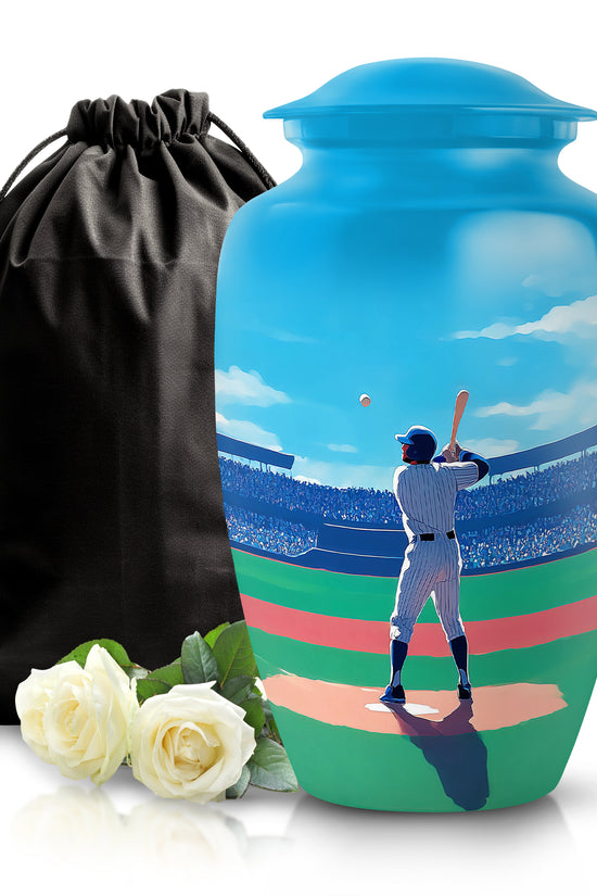 Sky Blue Baseball Cremation Urn angled view of lid and engraved motif - timeless baseball motif etched into premium metal - full-size 10 inch 200 cubic inch adult cremation urn