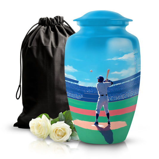 Sky Blue Baseball Cremation Urn angled view of lid and engraved motif - timeless baseball motif etched into premium metal - full-size 10 inch 200 cubic inch adult cremation urn