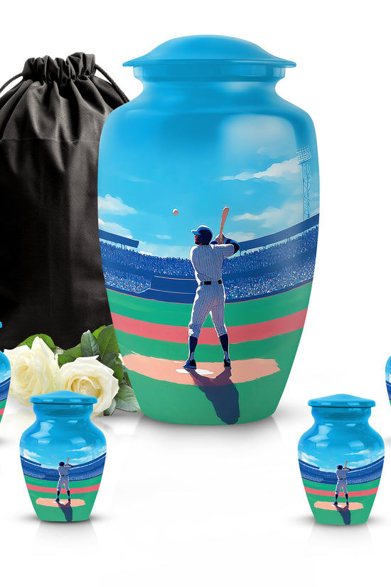 Icy Blue Baseball Cremation Urn top-down view of secure threaded lid - classic sculpted baseball pattern on smooth aluminum - memorial set with one large and four small urns
