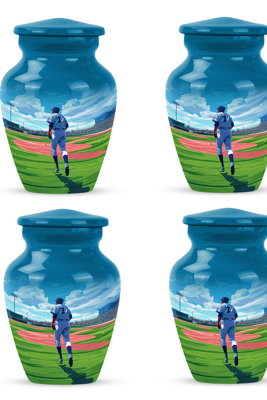 Bright Blue Baseball Cremation Urn side profile showing urn shape - elegant classic baseball relief with fine detailing - 10 inch aluminum urn for cremated remains