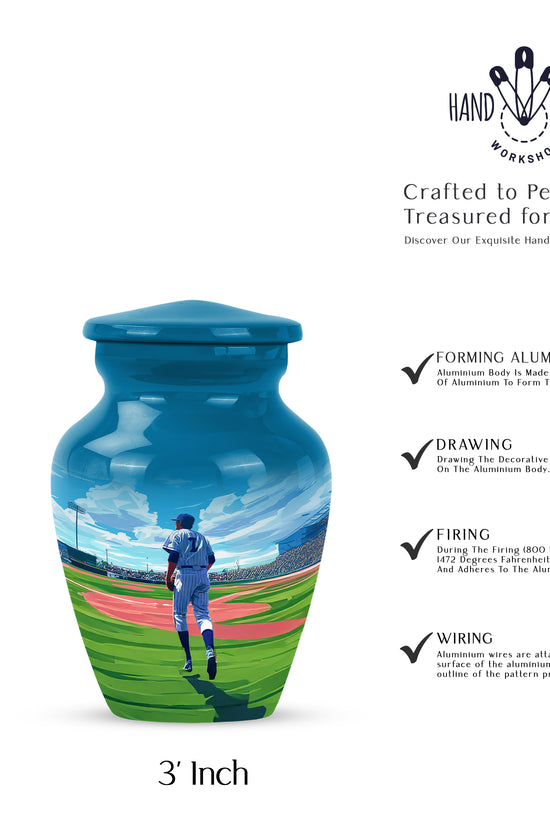 Slate Blue Baseball Cremation Urn close-up of engraving and surface detail - classic sculpted baseball pattern on smooth aluminum - mini keepsake memorial for portion of cremation ashes